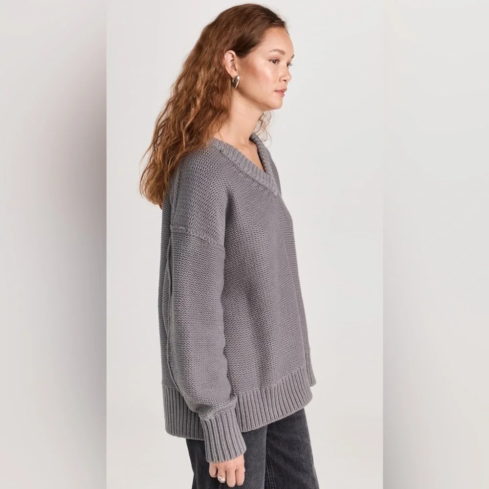 Free People Alli V Neck Knit Sweater Grey XS Oversized